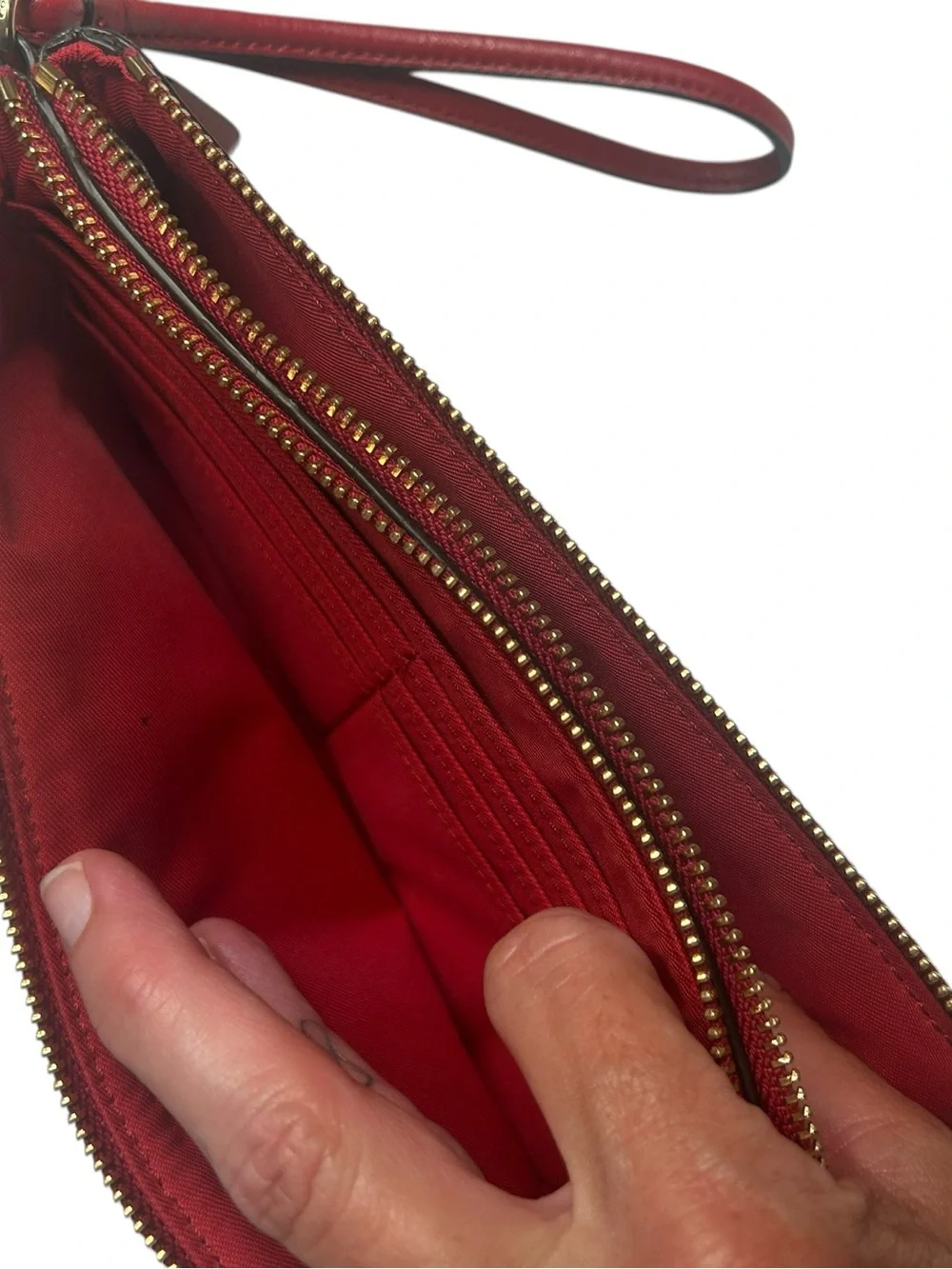 Coach Double Zip Wristlet Signature Canvas Brown Red PVC Leather Wallet Clutch
